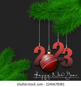 Happy New Year. Numbers 2023 and cricket ball as a Christmas decorations hanging on a Christmas tree branch. Design pattern for greeting card, banner, poster, flyer, invitation. Vector illustration