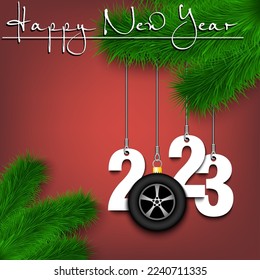Happy New Year. Numbers 2023 and wheel car as a Christmas decorations hanging on a Christmas tree branch. Design pattern for greeting card, banner, poster, flyer, invitation. Vector illustration