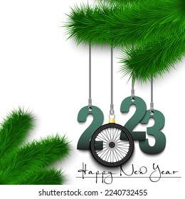 Happy New Year. Numbers 2023 and wheel bike as a Christmas decorations hanging on a Christmas tree branch. Design pattern for greeting card, banner, poster, flyer, invitation. Vector illustration