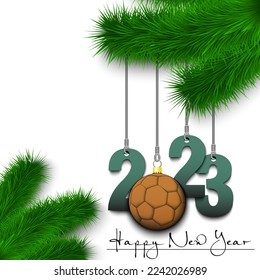 Happy New Year. Numbers 2023 and handball ball as a Christmas decorations hanging on a Christmas tree branch. Design pattern for greeting card, banner, poster, flyer, invitation. Vector illustration