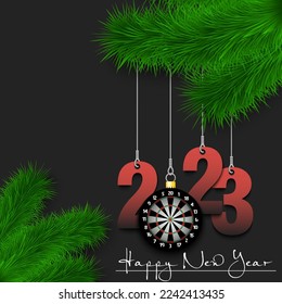 Happy New Year. Numbers 2023 and dartboard as a Christmas decorations hanging on a Christmas tree branch. Design pattern for greeting card, banner, poster, flyer, invitation. Vector illustration
