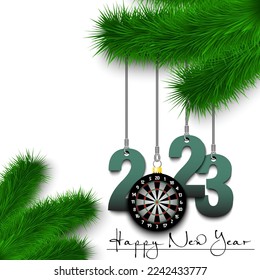 Happy New Year. Numbers 2023 and dartboard as a Christmas decorations hanging on a Christmas tree branch. Design pattern for greeting card, banner, poster, flyer, invitation. Vector illustration