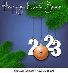 Happy New Year. Numbers 2023 and ping-pong ball as a Christmas decorations hanging on a Christmas tree branch. Design pattern for greeting card, banner, poster, flyer, invitation. Vector illustration
