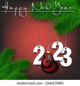 Happy New Year. Numbers 2023 and boxing glove as a Christmas decorations hanging on a Christmas tree branch. Design pattern for greeting card, banner, poster, flyer, invitation. Vector illustration