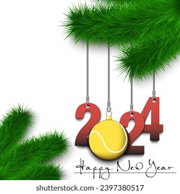 Happy New Year. Numbers 2024 and tennis ball as a Christmas decorations hanging on a Christmas tree branch. Design pattern for greeting card, banner, poster, flyer, invitation. Vector illustration