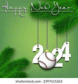 Happy New Year. Numbers 2024 and baseball ball as a Christmas decorations hanging on a Christmas tree branch. Design pattern for greeting card, banner, poster, flyer, invitation. Vector illustration