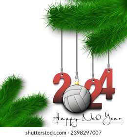 Happy New Year. Numbers 2024 and volleyball ball as a Christmas decorations hanging on a Christmas tree branch. Design pattern for greeting card, banner, poster, flyer, invitation. Vector illustration