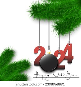 Happy New Year. Numbers 2024 and hockey puck as a Christmas decorations hanging on a Christmas tree branch. Design pattern for greeting card, banner, poster, flyer, invitation. Vector illustration