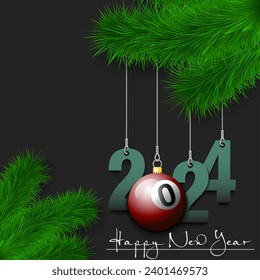 Happy New Year. Numbers 2024 and billiard ball as a Christmas decorations hanging on a Christmas tree branch. Design pattern for greeting card, banner, poster, flyer, invitation. Vector illustration