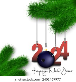 Happy New Year. Numbers 2024 and bowling ball as a Christmas decorations hanging on a Christmas tree branch. Design pattern for greeting card, banner, poster, flyer, invitation. Vector illustration