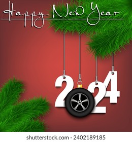 Happy New Year. Numbers 2024 and wheel car as a Christmas decorations hanging on a Christmas tree branch. Design pattern for greeting card, banner, poster, flyer, invitation. Vector illustration