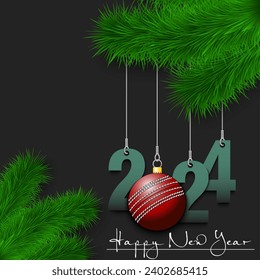 Happy New Year. Numbers 2024 and cricket ball as a Christmas decorations hanging on a Christmas tree branch. Design pattern for greeting card, banner, poster, flyer, invitation. Vector illustration