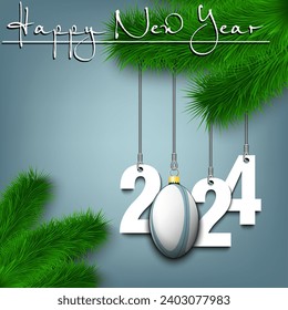 Happy New Year. Numbers 2024 and rugby ball as a Christmas decorations hanging on a Christmas tree branch. Design pattern for greeting card, banner, poster, flyer, invitation. Vector illustration