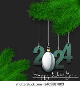 Happy New Year. Numbers 2024 and rugby ball as a Christmas decorations hanging on a Christmas tree branch. Design pattern for greeting card, banner, poster, flyer, invitation. Vector illustration