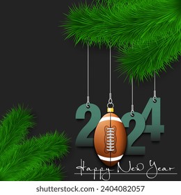 Happy New Year. Numbers 2024 and football ball as a Christmas decorations hanging on a Christmas tree branch. Design pattern for greeting card, banner, poster, flyer, invitation. Vector illustration
