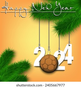 Happy New Year. Numbers 2024 and handball ball as a Christmas decorations hanging on a Christmas tree branch. Design pattern for greeting card, banner, poster, flyer, invitation. Vector illustration