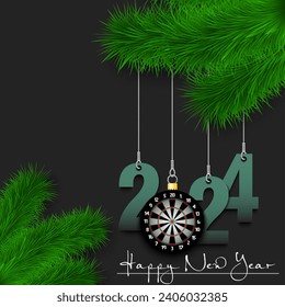 Happy New Year. Numbers 2024 and dartboard as a Christmas decorations hanging on a Christmas tree branch. Design pattern for greeting card, banner, poster, flyer, invitation. Vector illustration