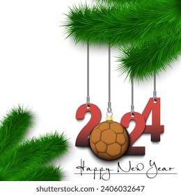 Happy New Year. Numbers 2024 and handball ball as a Christmas decorations hanging on a Christmas tree branch. Design pattern for greeting card, banner, poster, flyer, invitation. Vector illustration