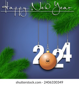 Happy New Year. Numbers 2024 and ping-pong ball as a Christmas decorations hanging on a Christmas tree branch. Design pattern for greeting card, banner, poster, flyer, invitation. Vector illustration