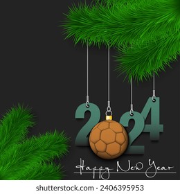 Happy New Year. Numbers 2024 and handball ball as a Christmas decorations hanging on a Christmas tree branch. Design pattern for greeting card, banner, poster, flyer, invitation. Vector illustration