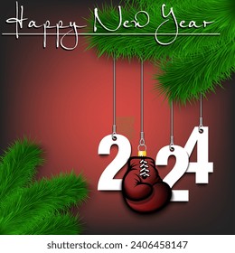 Happy New Year. Numbers 2024 and boxing glove as a Christmas decorations hanging on a Christmas tree branch. Design pattern for greeting card, banner, poster, flyer, invitation. Vector illustration