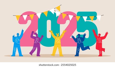 Happy New Year. Numbers 2025. Group of people celebrating new year. Colorful vector illustration
