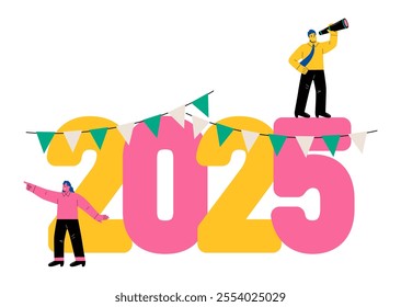 Happy New Year. Numbers 2025. Business man and business woman are preparing for the holiday. Flat vector illustration isolated on white background