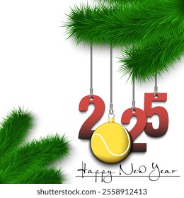 Happy New Year. Numbers 2025 and tennis ball as a Christmas decorations hanging on a Christmas tree branch. Design pattern for greeting card, banner, poster, flyer, invitation. Vector illustration