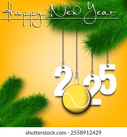 Happy New Year. Numbers 2025 and tennis ball as a Christmas decorations hanging on a Christmas tree branch. Design pattern for greeting card, banner, poster, flyer, invitation. Vector illustration