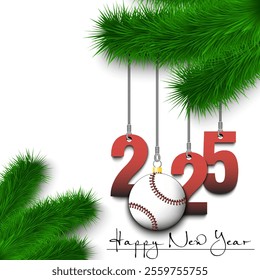 Happy New Year. Numbers 2025 and baseball ball as a Christmas decorations hanging on a Christmas tree branch. Design pattern for greeting card, banner, poster, flyer, invitation. Vector illustration