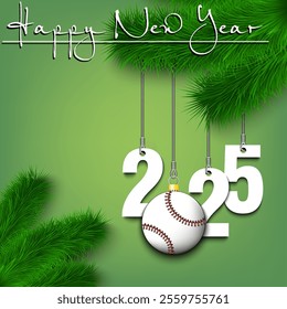 Happy New Year. Numbers 2025 and baseball ball as a Christmas decorations hanging on a Christmas tree branch. Design pattern for greeting card, banner, poster, flyer, invitation. Vector illustration