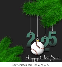 Happy New Year. Numbers 2025 and baseball ball as a Christmas decorations hanging on a Christmas tree branch. Design pattern for greeting card, banner, poster, flyer, invitation. Vector illustration