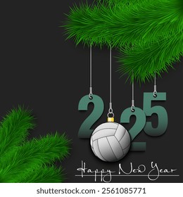 Happy New Year. Numbers 2025 and volleyball ball as a Christmas decorations hanging on a Christmas tree branch. Design pattern for greeting card, banner, poster, flyer, invitation. Vector illustration