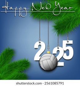 Happy New Year. Numbers 2025 and volleyball ball as a Christmas decorations hanging on a Christmas tree branch. Design pattern for greeting card, banner, poster, flyer, invitation. Vector illustration