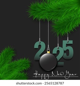 Happy New Year. Numbers 2025 and hockey puck as a Christmas decorations hanging on a Christmas tree branch. Design pattern for greeting card, banner, poster, flyer, invitation. Vector illustration