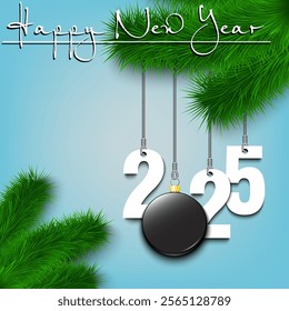 Happy New Year. Numbers 2025 and hockey puck as a Christmas decorations hanging on a Christmas tree branch. Design pattern for greeting card, banner, poster, flyer, invitation. Vector illustration