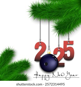 Happy New Year. Numbers 2025 and bowling ball as a Christmas decorations hanging on a Christmas tree branch. Design pattern for greeting card, banner, poster, flyer, invitation. Vector illustration