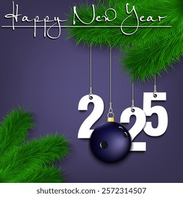 Happy New Year. Numbers 2025 and bowling ball as a Christmas decorations hanging on a Christmas tree branch. Design pattern for greeting card, banner, poster, flyer, invitation. Vector illustration