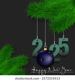 Happy New Year. Numbers 2025 and bowling ball as a Christmas decorations hanging on a Christmas tree branch. Design pattern for greeting card, banner, poster, flyer, invitation. Vector illustration