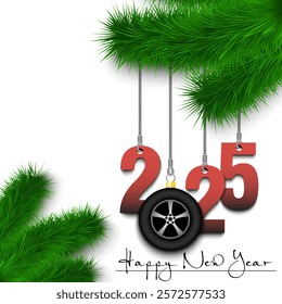Happy New Year. Numbers 2025 and car wheel as a Christmas decorations hanging on a Christmas tree branch. Design pattern for greeting card, banner, poster, flyer, invitation. Vector illustration