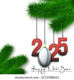 Happy New Year. Numbers 2025 and rugby ball as a Christmas decorations hanging on a Christmas tree branch. Design pattern for greeting card, banner, poster, flyer, invitation. Vector illustration