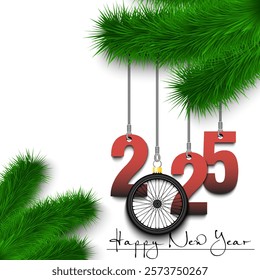 Happy New Year. Numbers 2025 and bike wheel as a Christmas decorations hanging on a Christmas tree branch. Design pattern for greeting card, banner, poster, flyer, invitation. Vector illustration