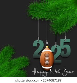 Happy New Year. Numbers 2025 and football ball as a Christmas decorations hanging on a Christmas tree branch. Design pattern for greeting card, banner, poster, flyer, invitation. Vector illustration