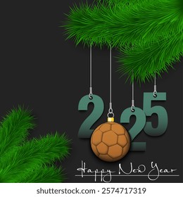 Happy New Year. Numbers 2025 and handball ball as a Christmas decorations hanging on a Christmas tree branch. Design pattern for greeting card, banner, poster, flyer, invitation. Vector illustration