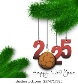 Happy New Year. Numbers 2025 and handball ball as a Christmas decorations hanging on a Christmas tree branch. Design pattern for greeting card, banner, poster, flyer, invitation. Vector illustration