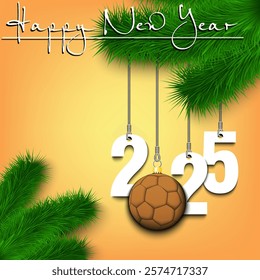 Happy New Year. Numbers 2025 and handball ball as a Christmas decorations hanging on a Christmas tree branch. Design pattern for greeting card, banner, poster, flyer, invitation. Vector illustration