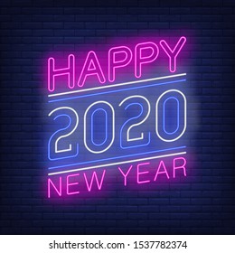 Happy New Year with numbers neon sign. Glowing neon two thousand and twenty. New year, Christmas, winter. Vector illustration in neon style for greeting card, invitation, announcement