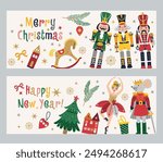 Happy New Year Nutcrackers Vector banners set on Light Background. Postcard. Childish rocking horses. Christmas illustration.