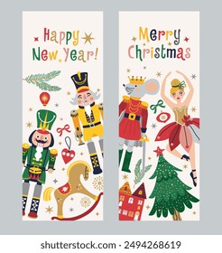 Happy New Year Nutcrackers Vector banners set on Light Background. Postcard. Childish rocking horses. Christmas illustration.