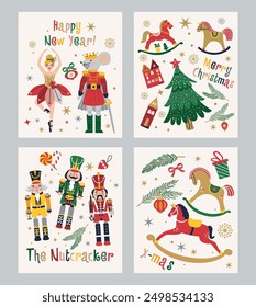 Happy New Year Nutcrackers Vector banners set on Light Background. Postcard. Tchaikovsky Ballet. Christmas illustration.